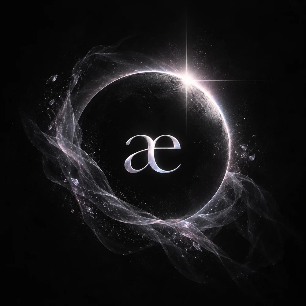 The æ monogram inside a dark eclipse, its rim catching a single star of light.